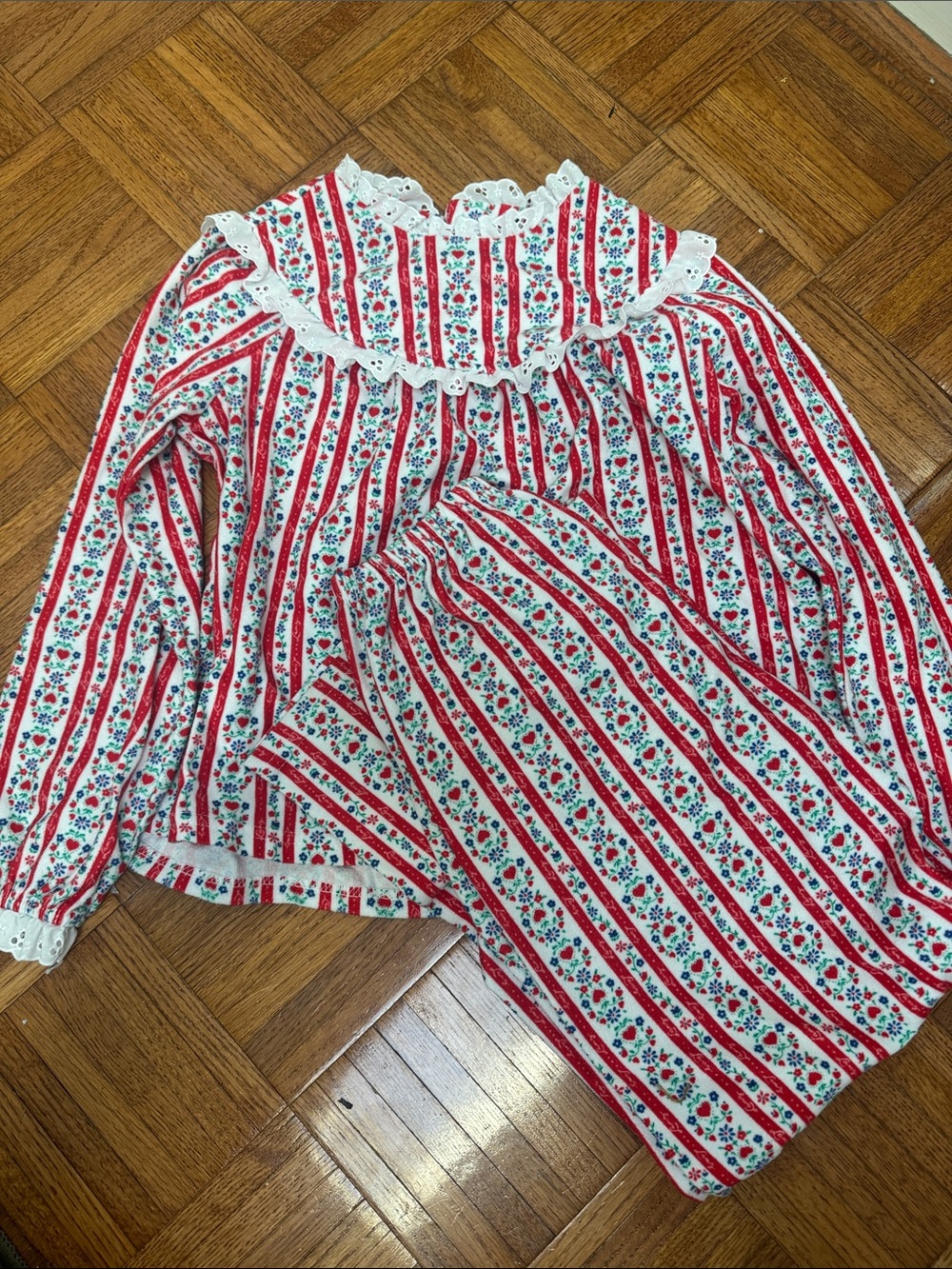 Girls Red & White Floral Stripe Pajama Set with Lace Trim